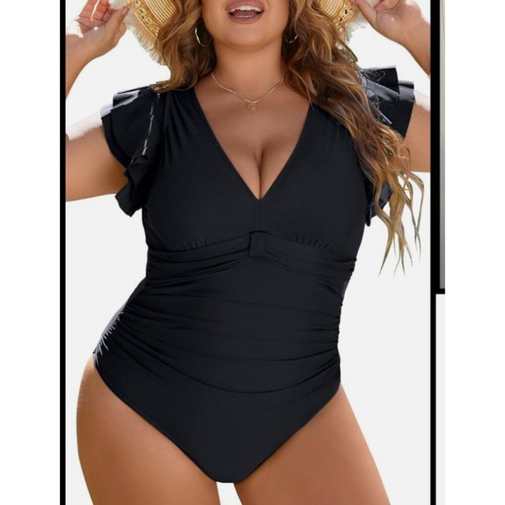 Blooming Jelly Womens Slimming Ruched & Ruffles Black Swimsuit Size 2XL Navy